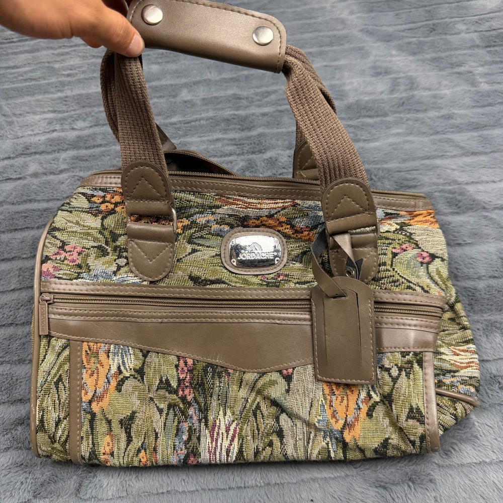Vintage Jordache Floral Tapestry Duffel Bag Carry On Travel Satchel Brown Green